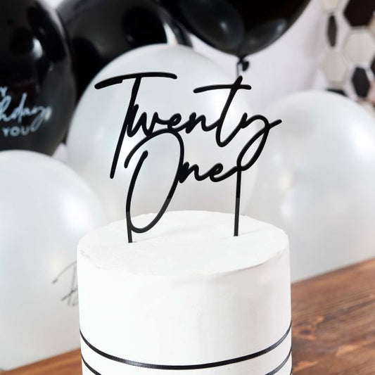 HOOTYBALLOO MONOCHROME PARTY BLACK TWENTY ONE ACRYLIC CAKE TOPPER