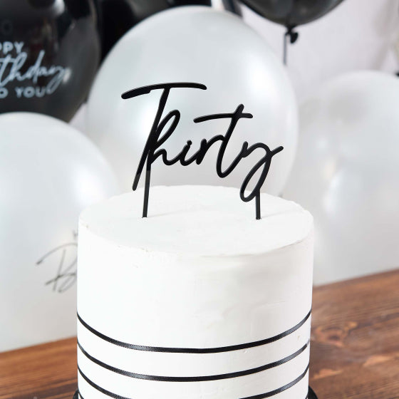 HOOTYBALLOO MONOCHROME PARTY BLACK THIRTY ACRYLIC CAKE TOPPER
