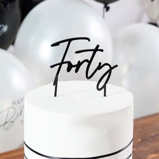 HOOTYBALLOO MONOCHROME PARTY BLACK FORTY ACRYLIC CAKE TOPPER