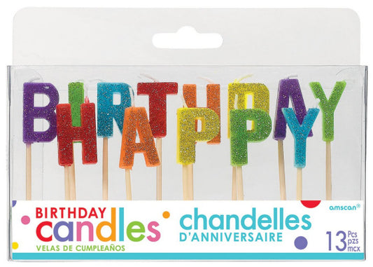HAPPY BIRTHDAY CANDLE PICK - GLITTER MULTI-COLOURED - 13 PIECES