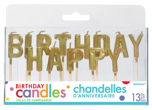 HAPPY BIRTHDAY PICK CANDLES - GOLD - 13 PIECES