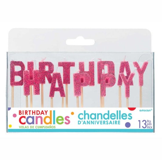 HAPPY BIRTHDAY CANDLE PICK - GLITTER PINK - 13 PIECES