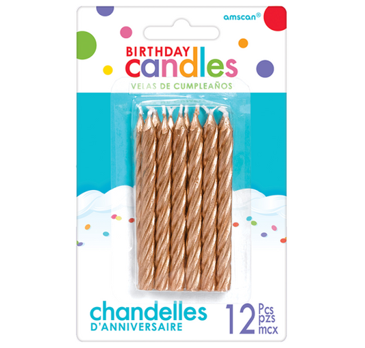 BIRTHDAY CANDLES LARGE SPIRAL GLITTER - ROSE GOLD - PACK OF 12