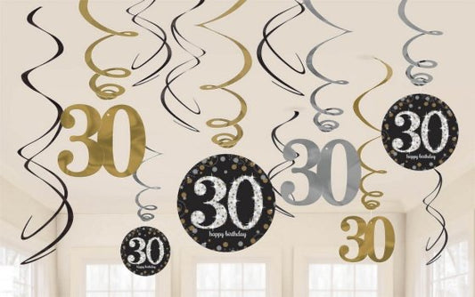 SPARKLING CELEBRATION 30 HANGING SWIRL DECORATIONS - 12 PIECES