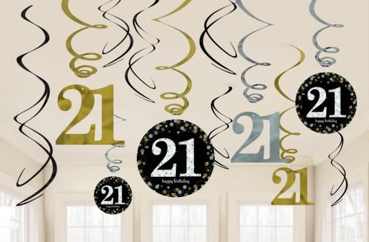 SPARKLING CELEBRATION 21 HANGING SWIRL DECORATIONS - 12 PIECES
