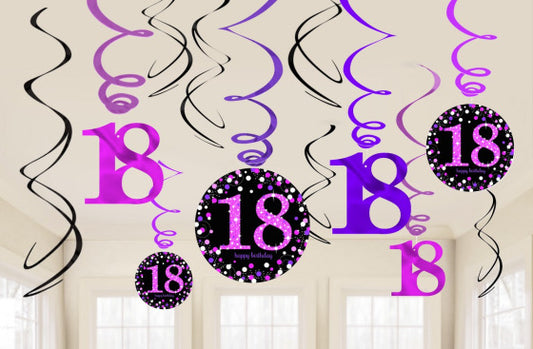 PINK CELEBRATION 18 HANGING SWIRL DECORATIONS - 12 PIECES