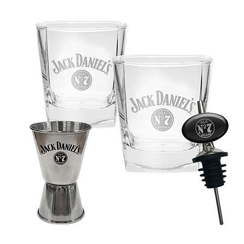 JACK DANIELS BAR ESSENTIALS - 2 x SPIRIT GLASSES, POURER & JIGGER GIFT SET
