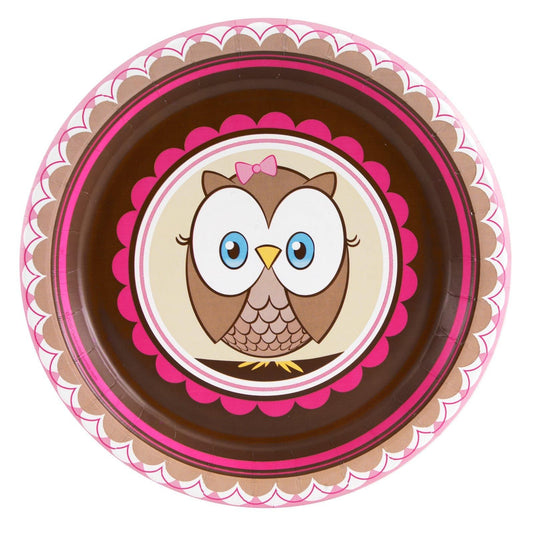 LOOK WHOO'S TURNING ONE 1ST BIRTHDAY PINK PAPER ROUND PLATES 17CM - PACK OF 8