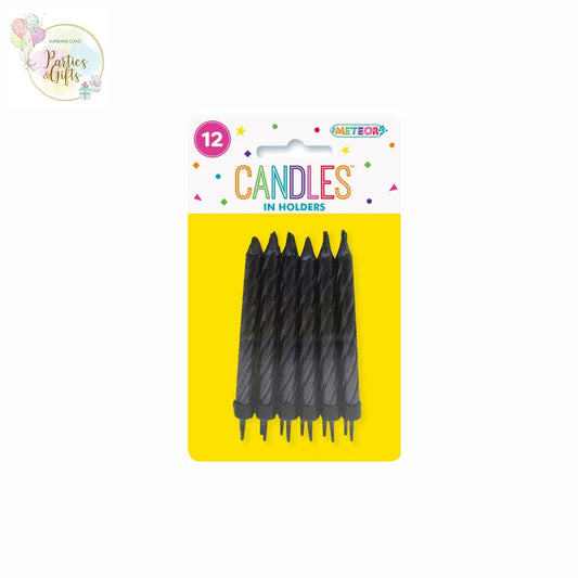 BLACK METALLIC CANDLES IN HOLDERS - PACK OF 12