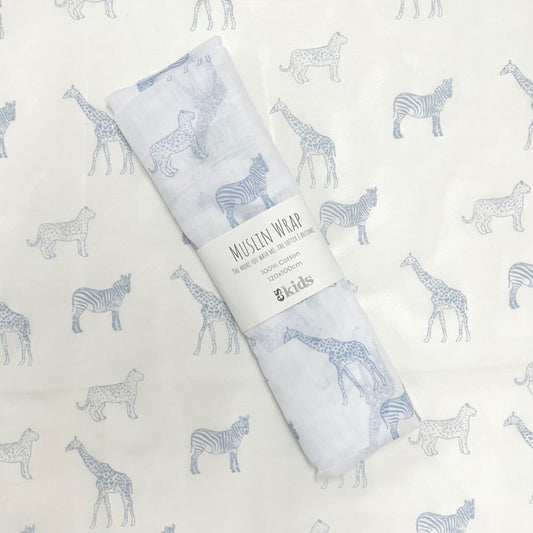 ES KIDS MUSLIN WRAP 100CM x 120CM - BLUE JUNGLE ANIMALS
