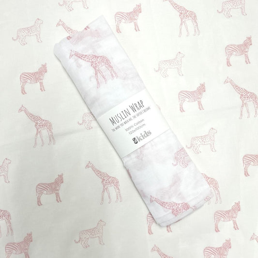 ES KIDS MUSLIN WRAP 100CM x 120CM - PINK JUNGLE ANIMALS