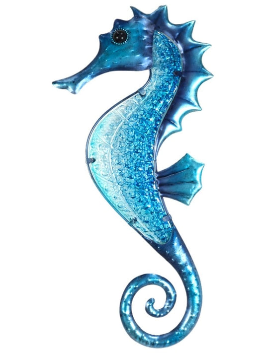 BLUE METAL GLASS SEAHORSE WALL ART - 43CM