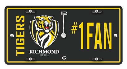 AFL RICHMOND TIGERS LICENSE PLATE CLOCK - NUMBER #1 FAN