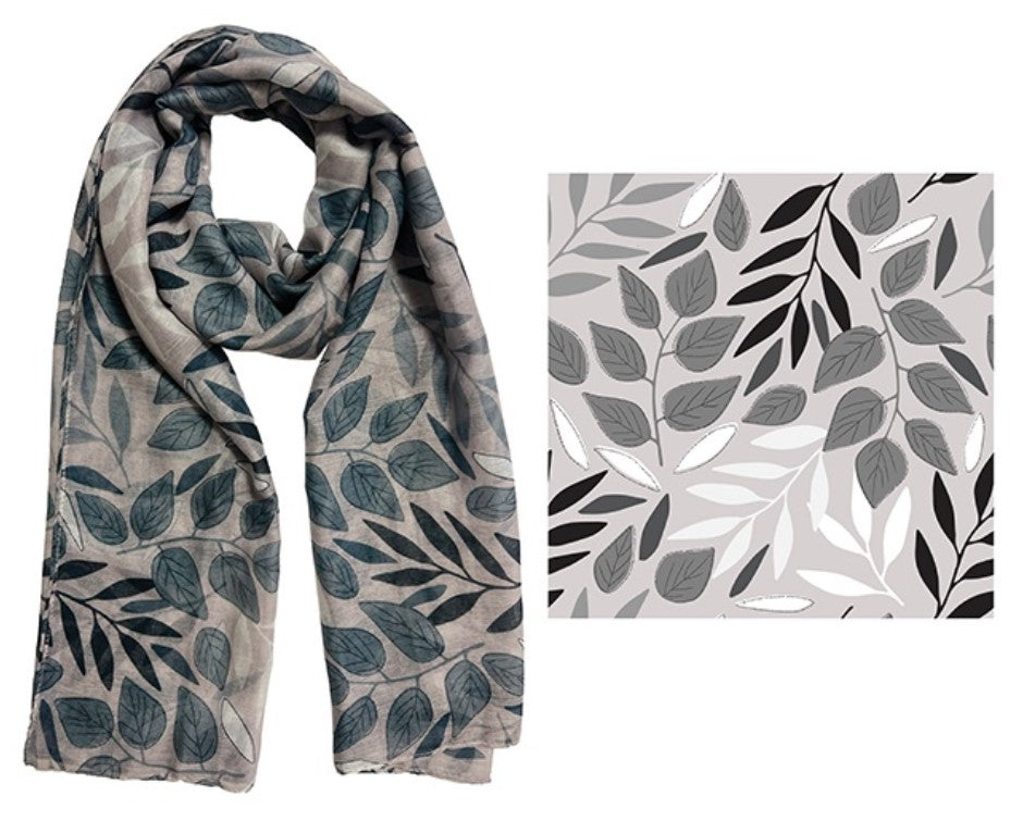 FRANKIE & ME DESIGNER POLYESTER SCARF - MONCHROME MIX LEAF PRINT