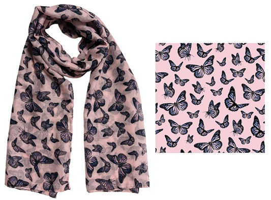 FRANKIE & ME DESIGNER POLYESTER SCARF - PINK BUTTERFLIES PRINT