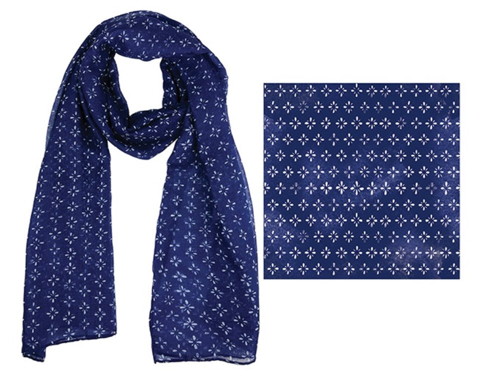 FRANKIE & ME DESIGNER POLYESTER SCARF - STAR FLOWER INDIGO PRINT