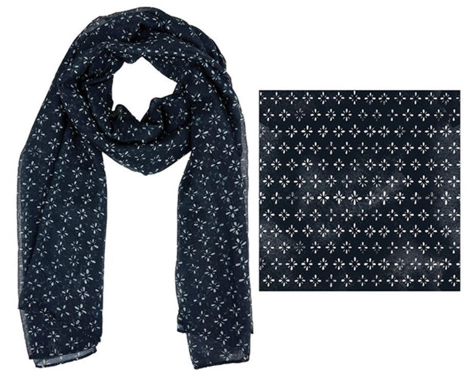 FRANKIE & ME DESIGNER POLYESTER SCARF - MONOCHROME STAR FLOWER PRINT