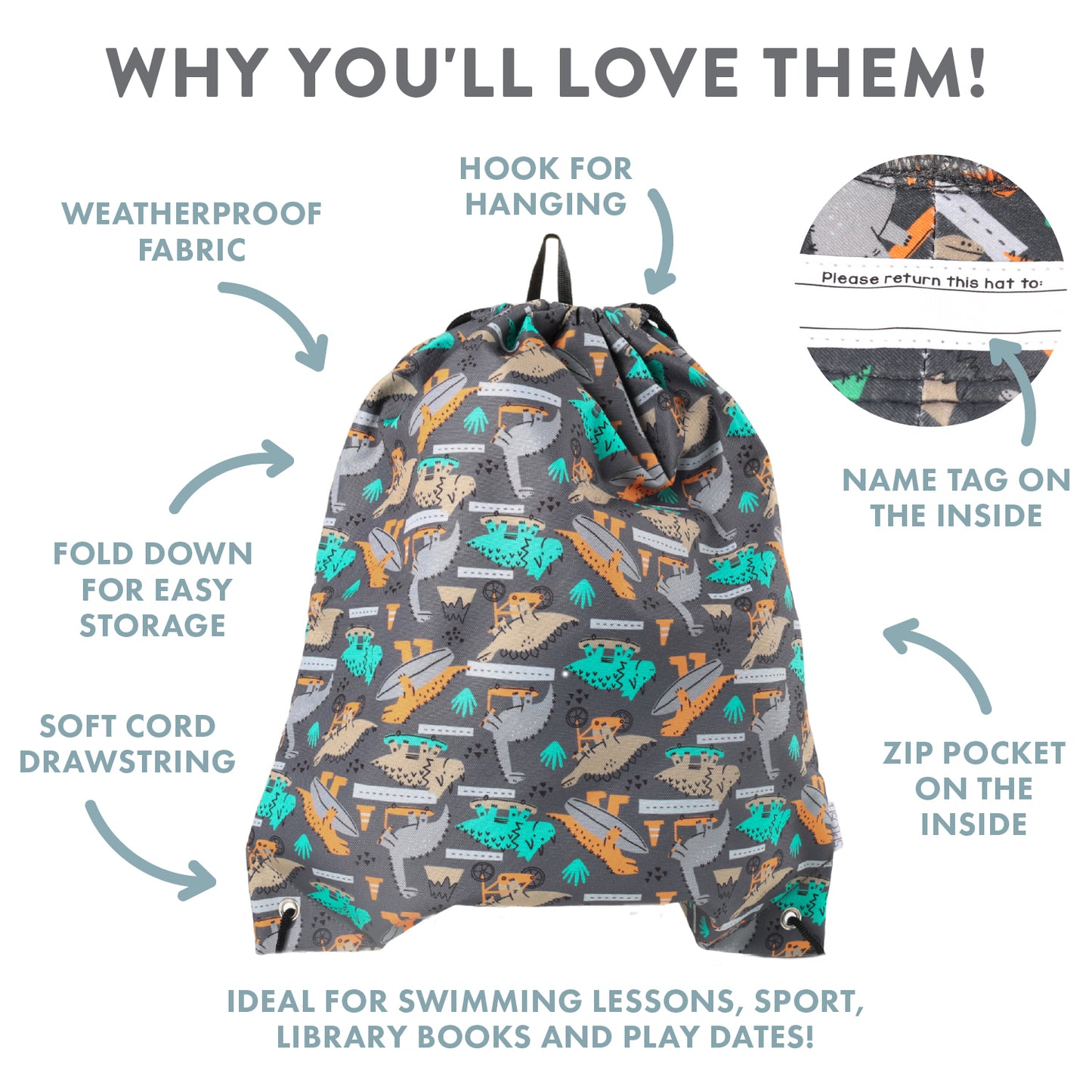 SPLOSH OUT & ABOUT DRAWSTRING BAG - DINO SKATE