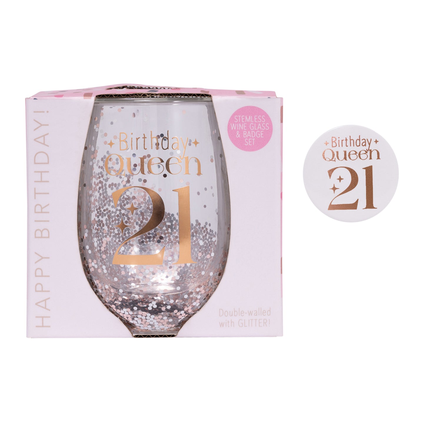 21ST BIRTHDAY QUEEN GLITTER STEMLESS GLASS & BADGE SET