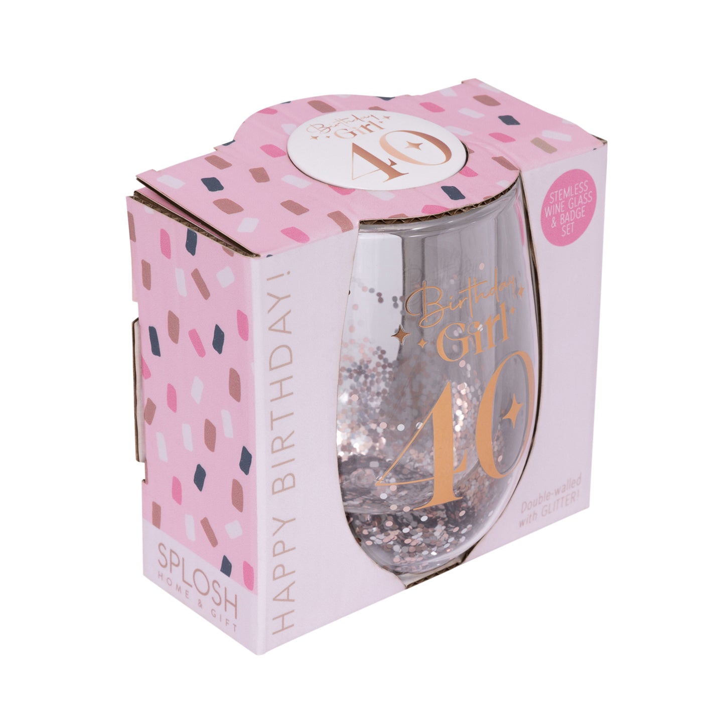 40TH BIRTHDAY GIRL GLITTER STEMLESS GLASS & BADGE SET