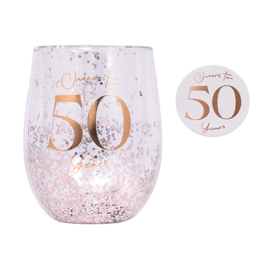 CHEERS TO 50TH GLITTER STEMLESS GLASS & BADGE SET