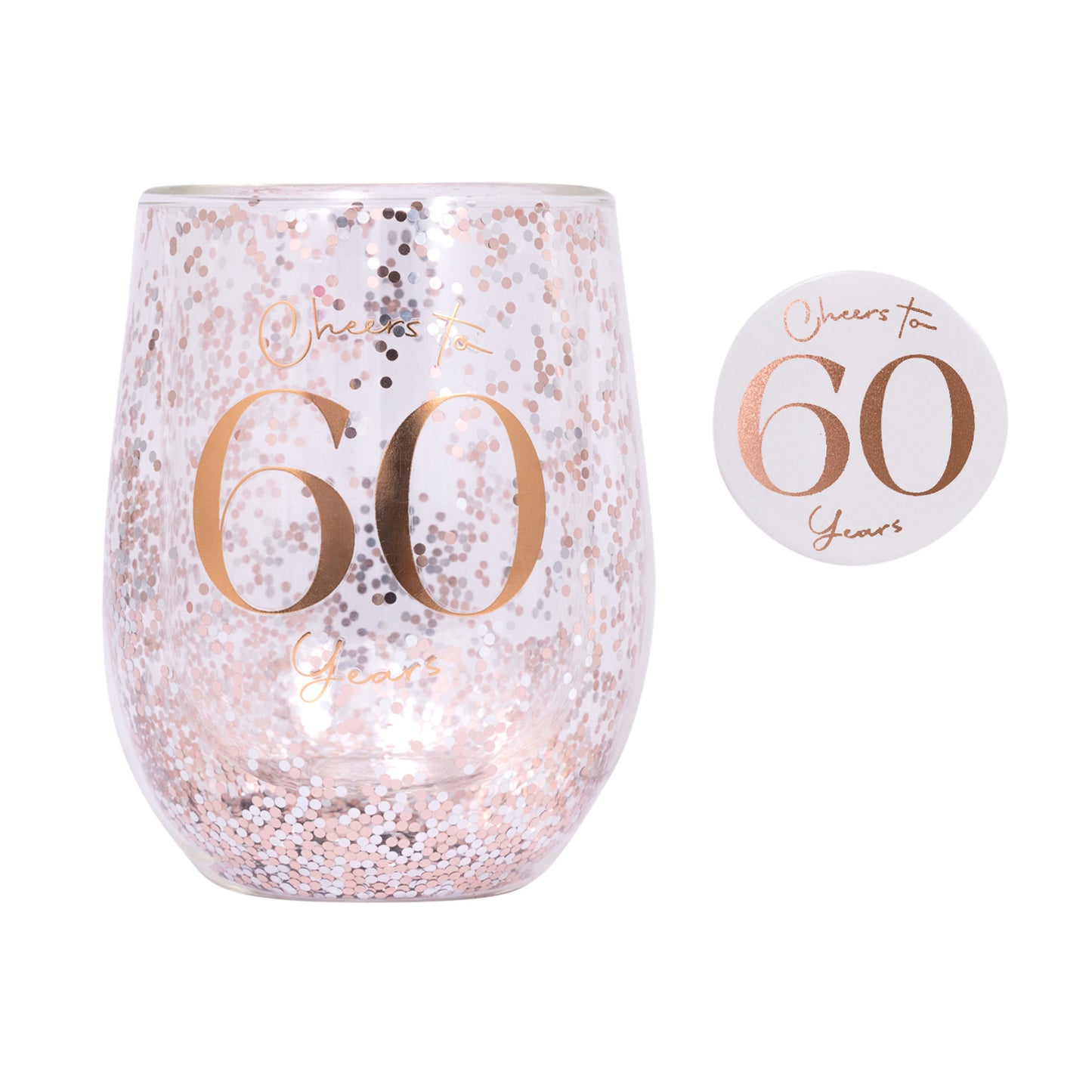 CHEERS TO 60TH GLITTER STEMLESS GLASS & BADGE SET