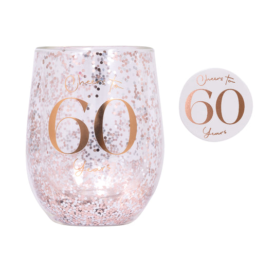 CHEERS TO 60TH GLITTER STEMLESS GLASS & BADGE SET