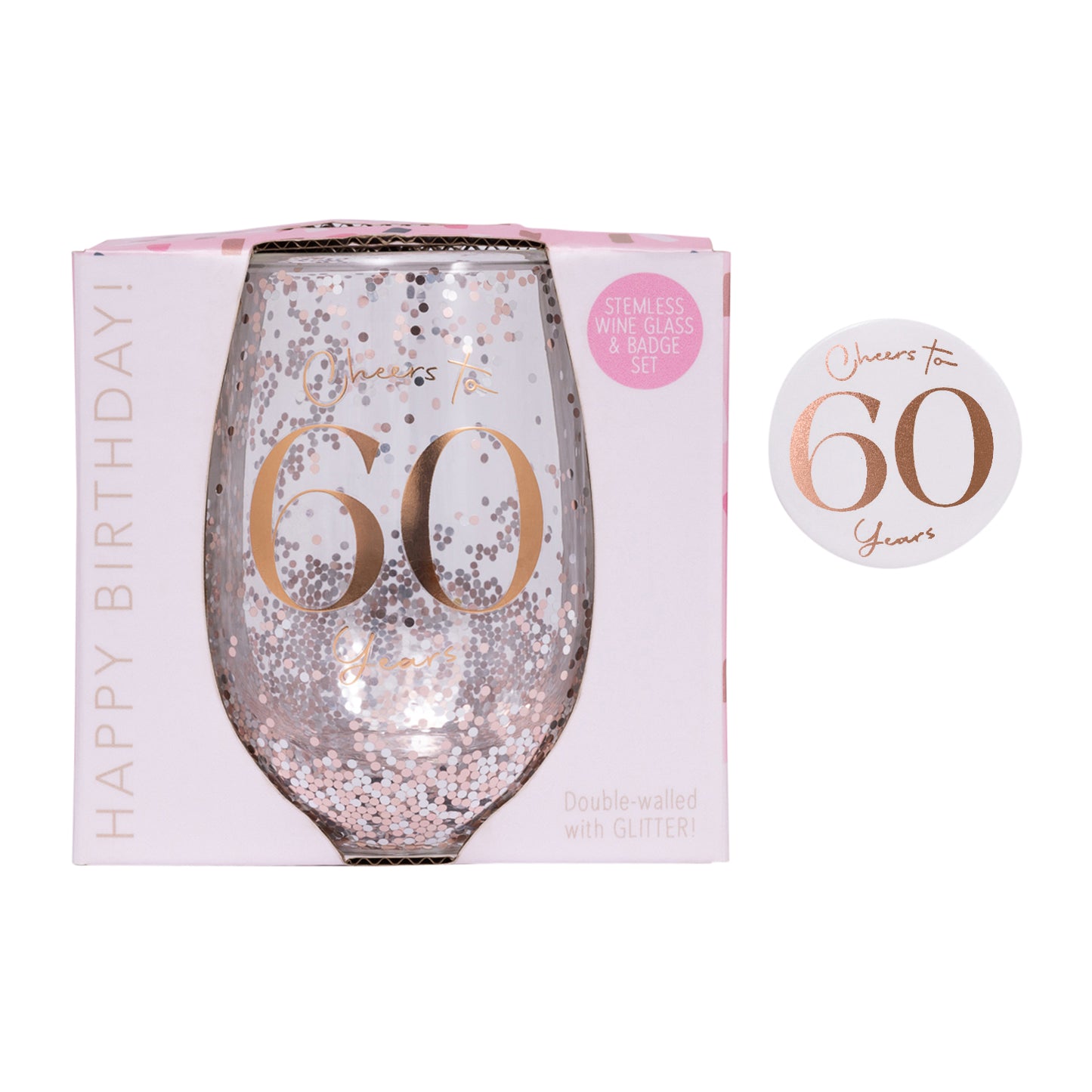 CHEERS TO 60TH GLITTER STEMLESS GLASS & BADGE SET