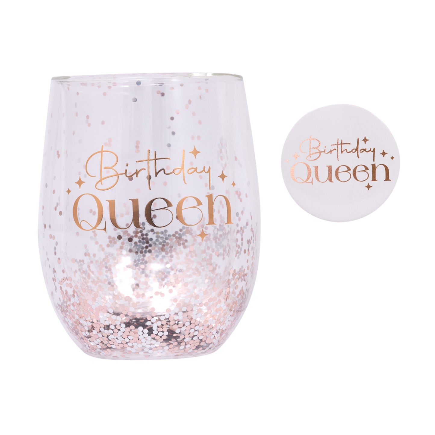 BIRTHDAY QUEEN GLITTER STEMLESS GLASS & BADGE SET