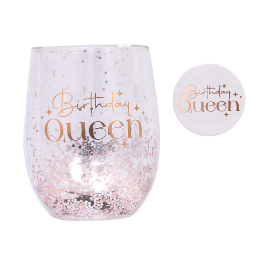 BIRTHDAY QUEEN GLITTER STEMLESS GLASS & BADGE SET