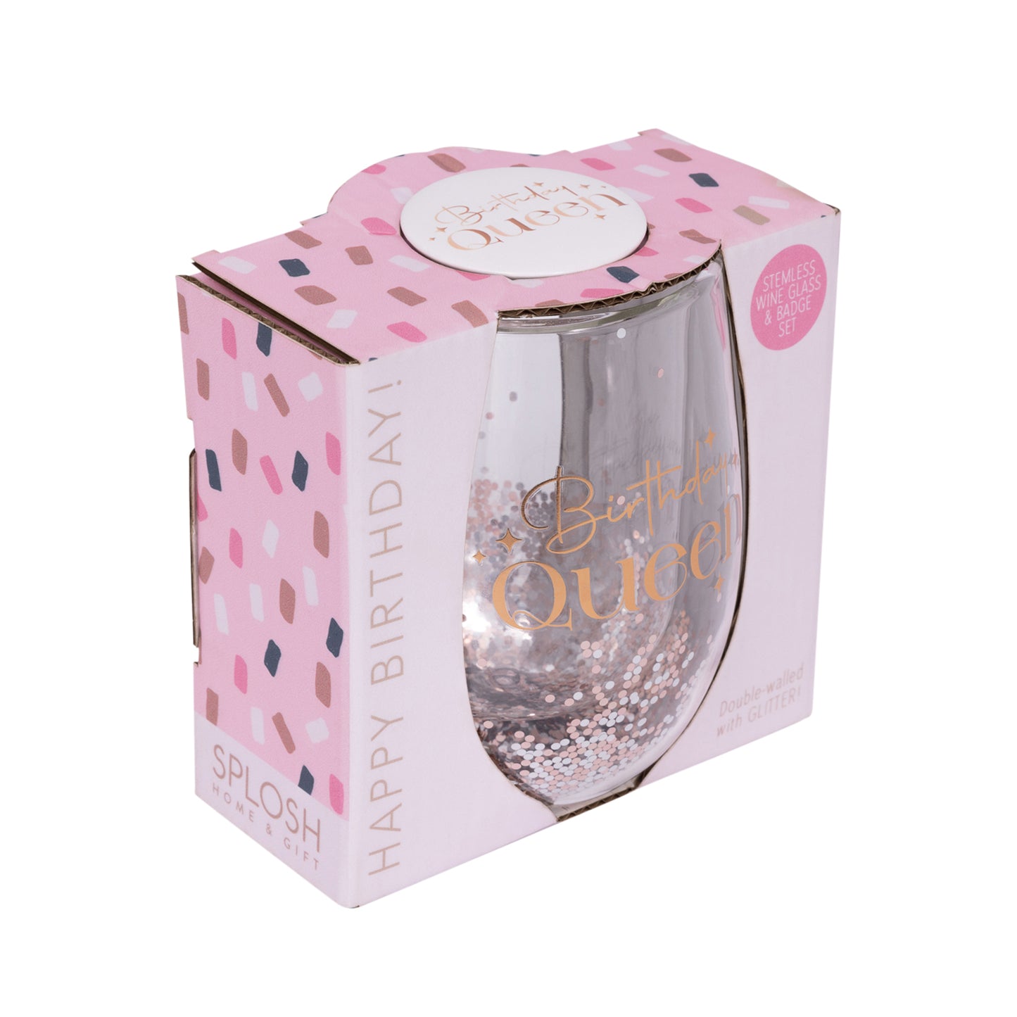 BIRTHDAY QUEEN GLITTER STEMLESS GLASS & BADGE SET