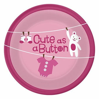 BABY SHOWER CUTE AS A BUTTON GIRL ROUND PAPER PLATES 17.1CM - PACK OF 8