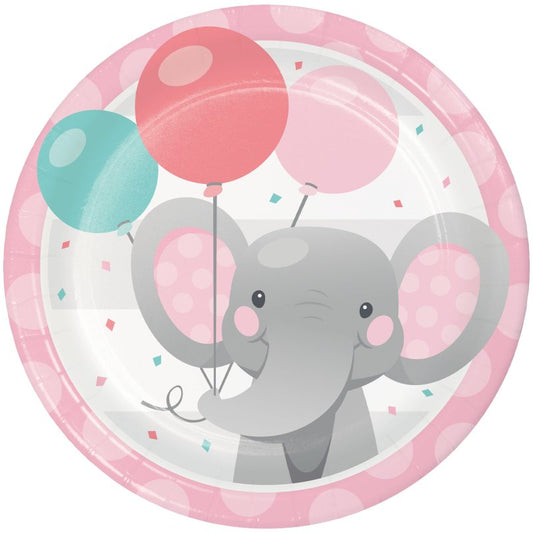 BABY SHOWER GIRL ENCHANTED ELEPHANT ROUND PAPER PLATES 17.4CM - PACK OF 8