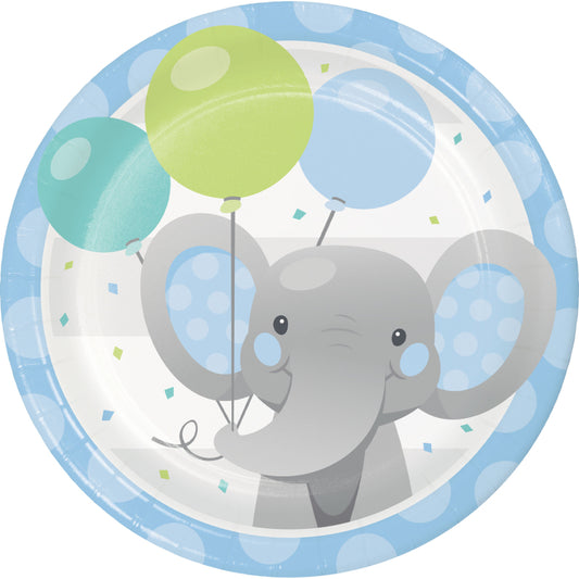 BABY SHOWER BOY ENCHANTED ELEPHANT ROUND PAPER PLATES 17.4CM - PACK OF 8