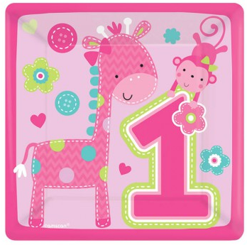 ONE WILD GIRL 1ST BIRTHDAY SQUARE PAPER PLATES 17.8CM ROUND - PACK OF 8