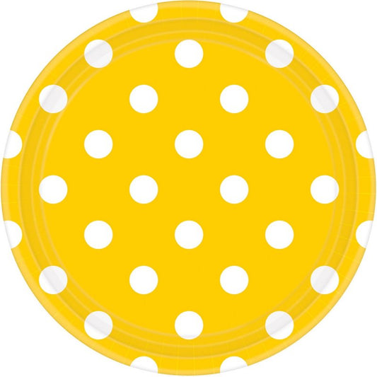 SUNSHINE YELLOW DOTS PAPER PLATES 17.7CM ROUND - PACK OF 8