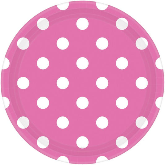 BRIGHT PINK DOTS PAPER PLATES 22.9CM ROUND - PACK OF 8