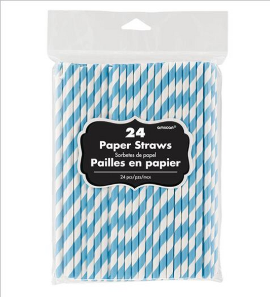 CARIBBEAN BLUE & WHITE PAPER STRAWS - 24 PACK