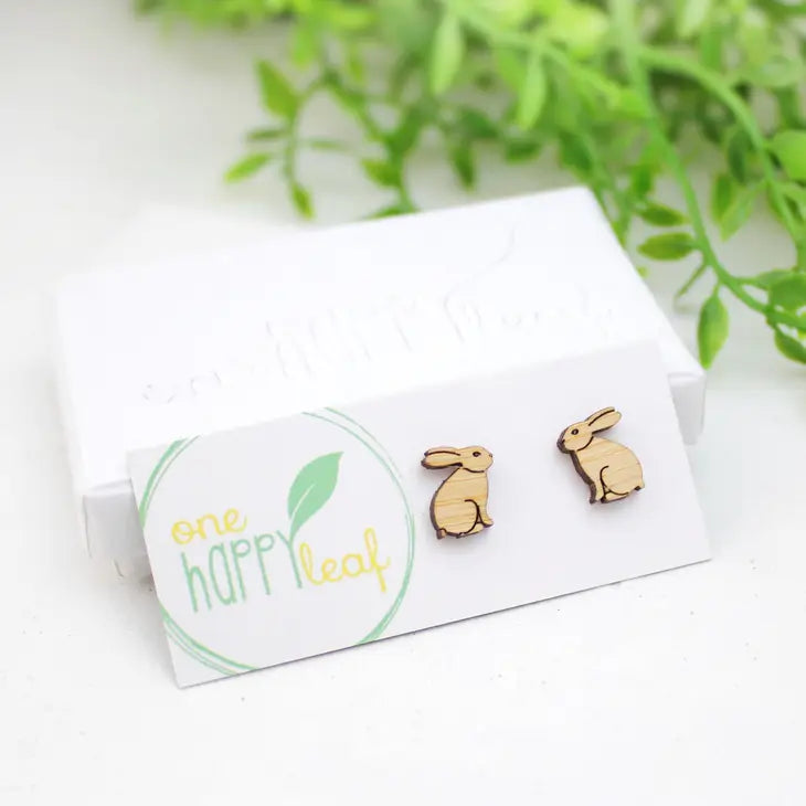 BAMBOO WOOD STUD EARRINGS - BUNNY RABBIT