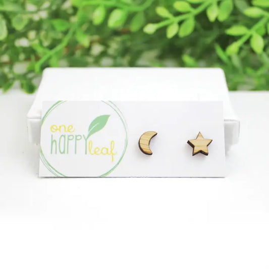 BAMBOO WOOD STUD EARRINGS - STAR & MOON