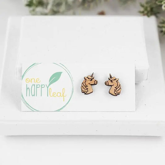 BAMBOO WOOD STUD EARRINGS - UNICORN