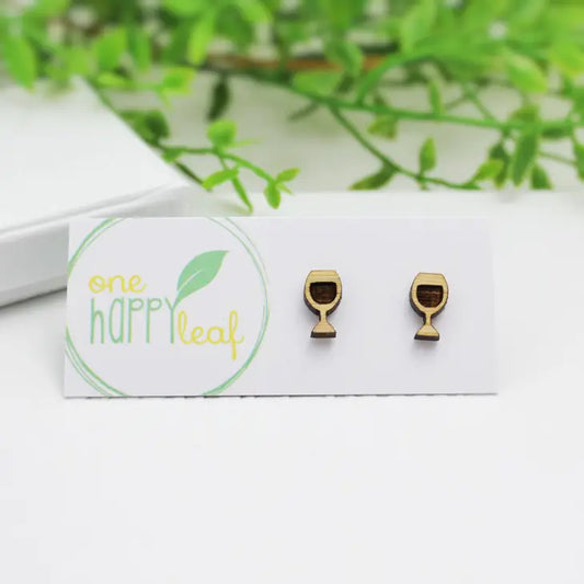 BAMBOO WOOD STUD EARRINGS - WINE GLASS